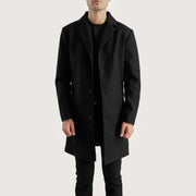 Petrillo Czarna Wool Single Breasted Skórzany Płaszcz Męska in Black Synthetic Wool - Front Profile View &amp; Tailored Silhouette | Buy Online