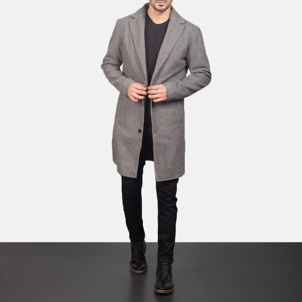 
Petrillo Grey Wool Single Breasted Skórzany Płaszcz Męska in Grey Synthetic Wool - Widok z przodu i dopasowana sylwetka | Kup online w oficjalnym sklepie