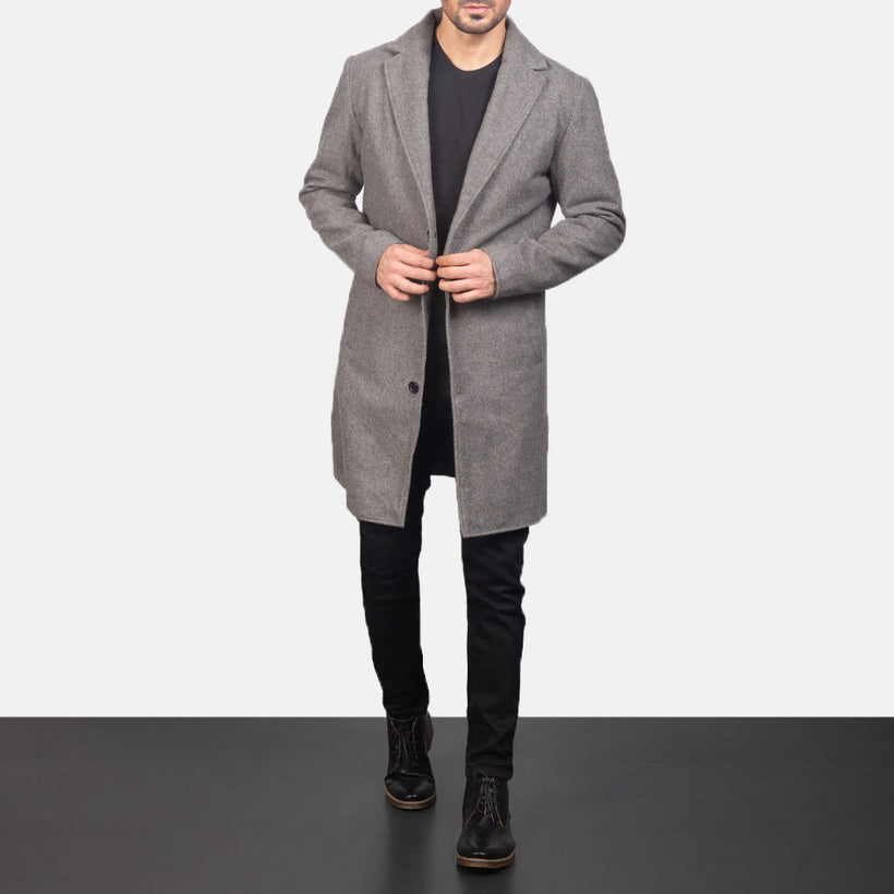 Petrillo Grey Wool Single Breasted Skórzany Płaszcz Męska