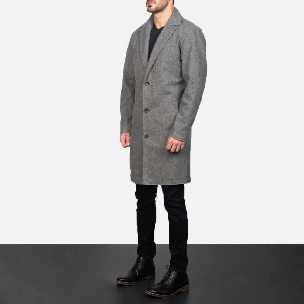 
Grey Synthetic Wool Trench Coat - Widok z tyłu z dopasowanymi ramionami i czystym dołem