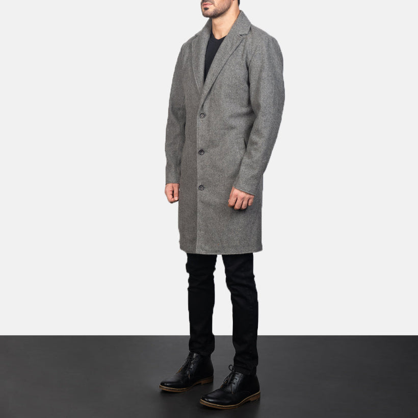 Petrillo Grey Wool Single Breasted Skórzany Płaszcz Męska