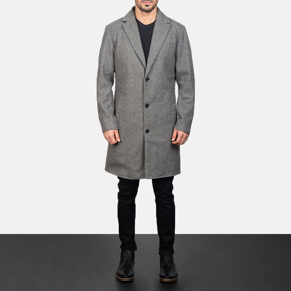 
Petrillo Grey Wool Single Breasted Skórzany Płaszcz Męska - Widok z boku z ergonomicznym krojem rękawa