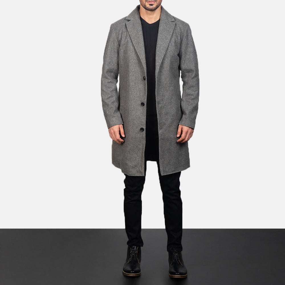 
Szczegółowe zbliżenie of Notch & Button Hardware on Petrillo Grey Wool Single Breasted Skórzany Płaszcz Męska