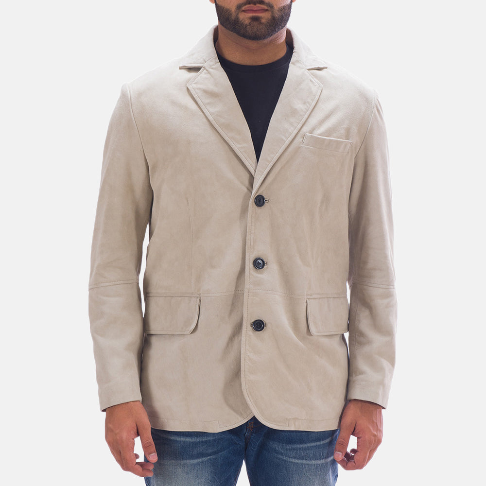 Men's Professor By Day Suede Skórzana Marynarka Męska in Off White (Greyish) Goatskin Suede - Front Profile View &amp; Tailored Silhouette | Buy Online