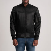 Quinton MA-1 Czarna Skórzana Kurtka Bomberka Męska in Black Satin - Front Profile View &amp; Tailored Silhouette | Buy Online