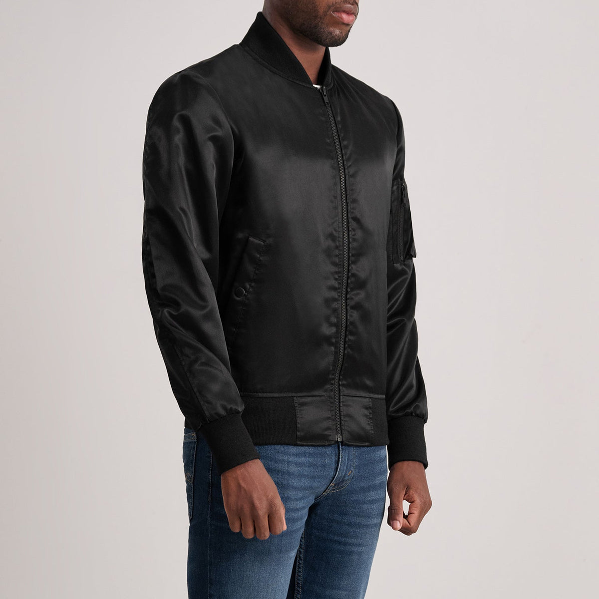 Black Satin Bomber Jacket - Back View Showing Tailored Shoulder Fit &amp; Clean Hemline