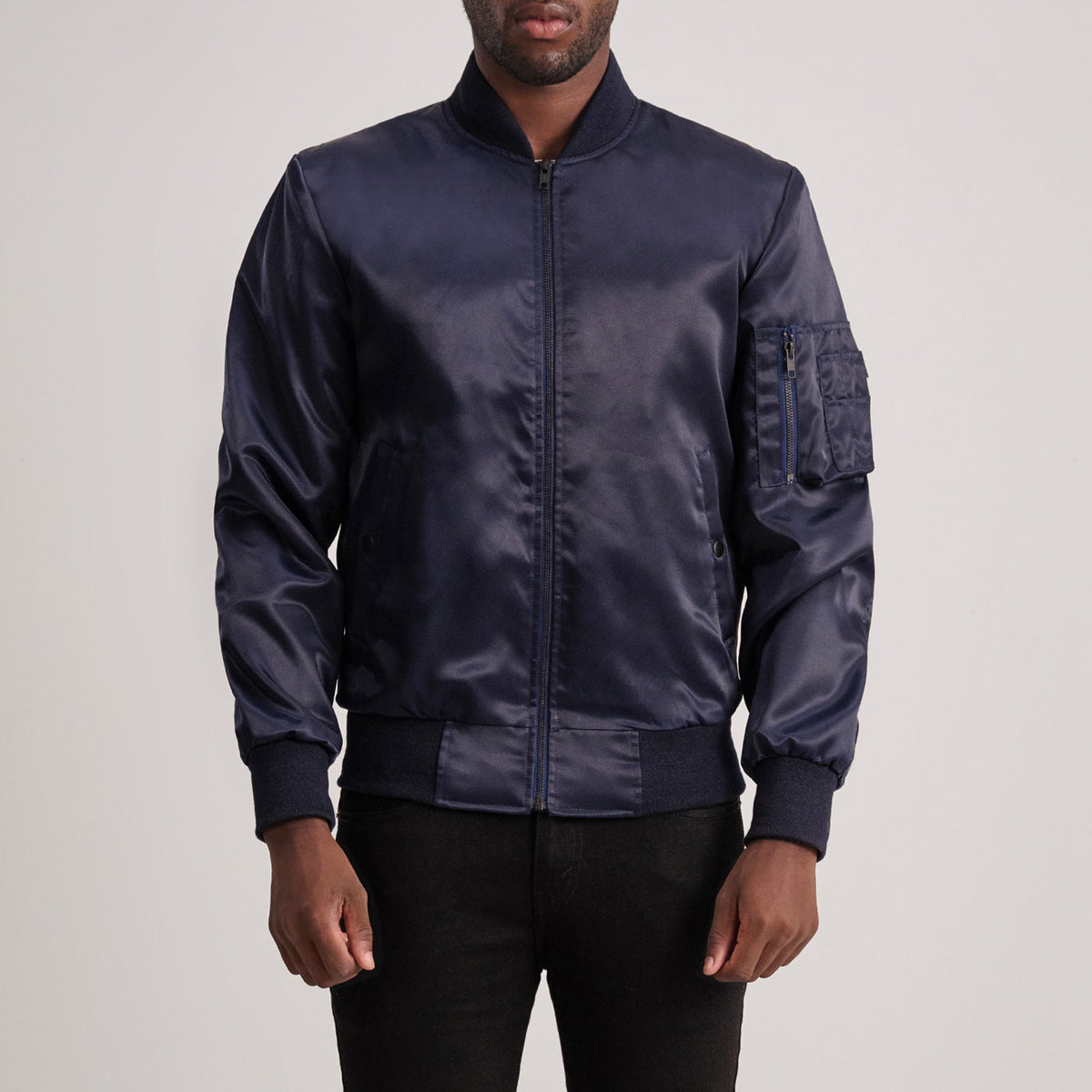 Quinton MA-1 Blue Skórzana Kurtka Bomberka Męska in Blue Satin - Front Profile View &amp; Tailored Silhouette | Buy Online