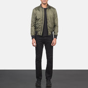 Men's Ramon Green Skórzana Kurtka Bomberka Męska - Lateral Side Profile View Showing Sleeve Cut &amp; Athletic Taper Fit
