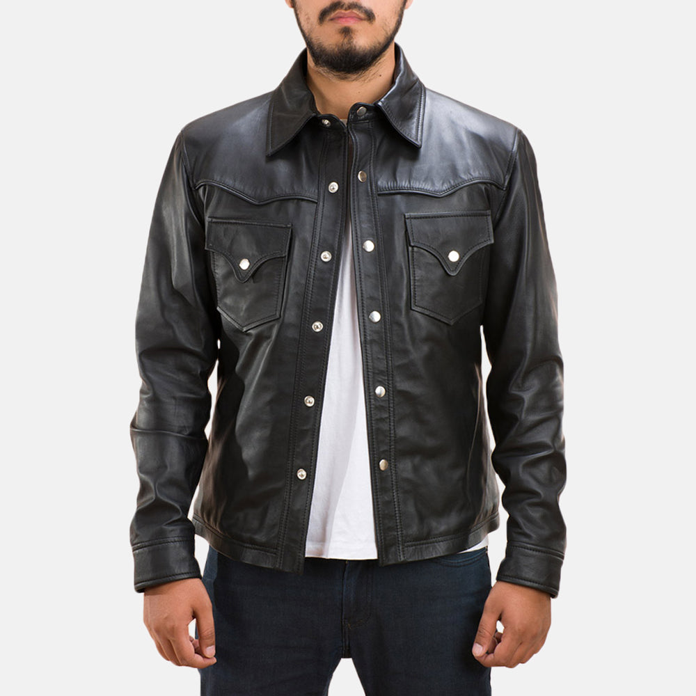 Men's Ranchson Czarna Leather Shirt Męska in Black Sheepskin Leather - Front Profile View &amp; Tailored Silhouette | Buy Online