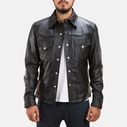 Men's Ranchson Czarna Leather Shirt Męska in Black Sheepskin Leather - Front Profile View &amp; Tailored Silhouette | Buy Online