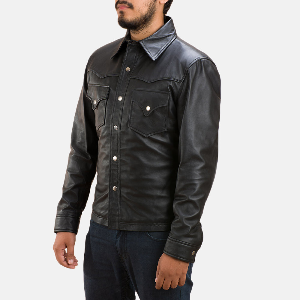 Men's Ranchson Czarna Leather Shirt Męska - Lateral Side Profile View Showing Sleeve Cut &amp; Athletic Taper Fit