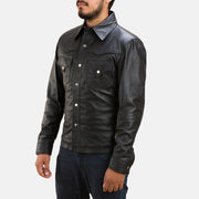 Men's Ranchson Czarna Leather Shirt Męska - Lateral Side Profile View Showing Sleeve Cut &amp; Athletic Taper Fit