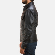 Close-Up Detail of Shirt &amp; Button Hardware on Men's Ranchson Czarna Leather Shirt Męska