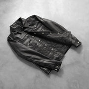 Button &amp; Hem Craftsmanship Construction Detail on Men's Ranchson Czarna Leather Shirt Męska