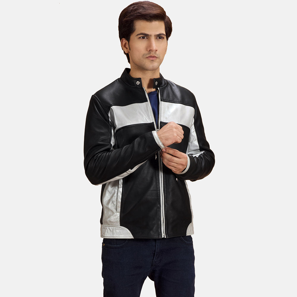 Randolf Silver Czarna Skórzana Ramoneska Męska in Black &amp; silver Sheepskin Leather - Front Profile View &amp; Tailored Silhouette | Buy Online