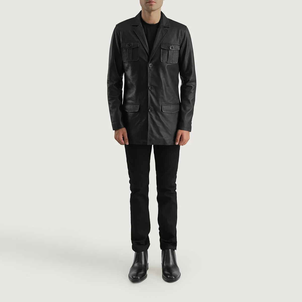 Ray Cutler Black Leather Blazer - Lateral Side Profile View Showing Sleeve Cut &amp; Athletic Taper Fit