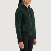 
Green Goatskin Suede Bomber Jacket - Widok z tyłu z dopasowanymi ramionami i czystym dołem
