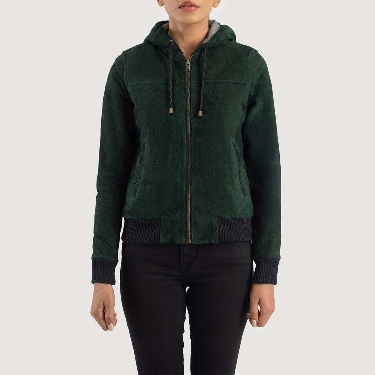 
Szczegółowe zbliżenie of Hooded & Zipper Hardware on Rebella Green Hooded Suede Bomber Jacket