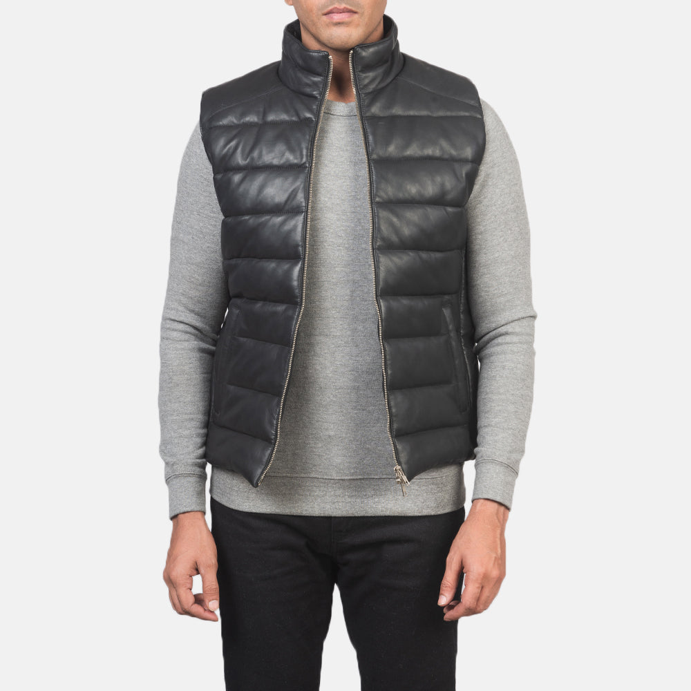 Men's Reeves Czarna Leather Puffer Vest Męska in Black Sheepskin Leather - Front Profile View &amp; Tailored Silhouette | Buy Online
