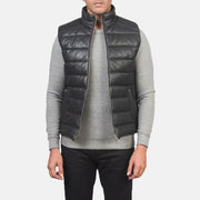 Men's Reeves Czarna Leather Puffer Vest Męska in Black Sheepskin Leather - Front Profile View &amp; Tailored Silhouette | Buy Online