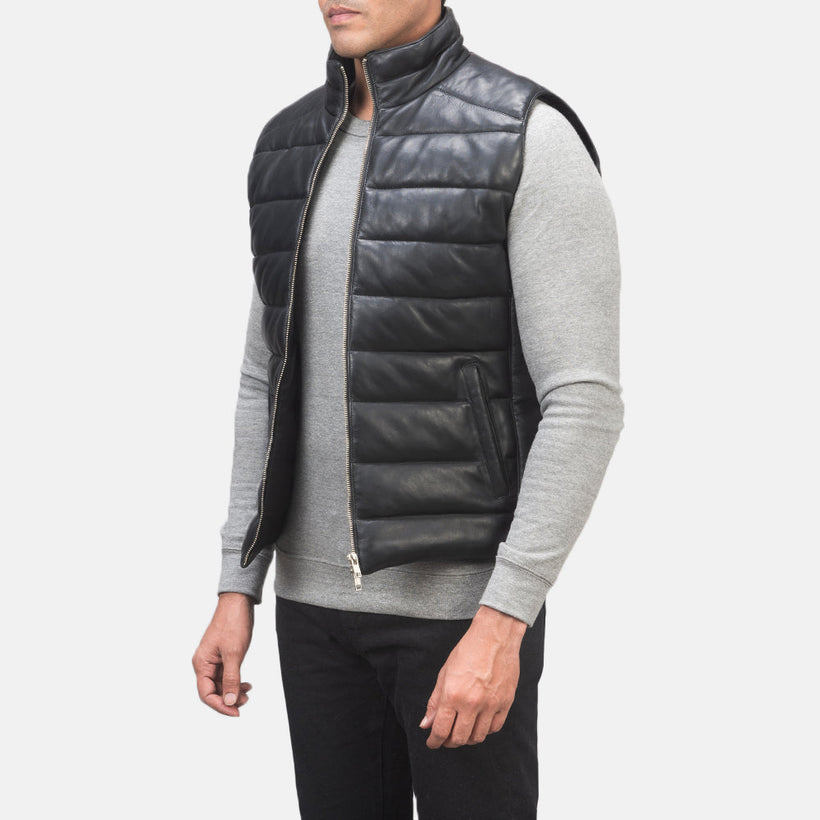 Reeves Czarny Leather Pikowana kamizelka Męska