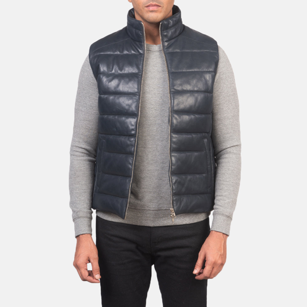 Men's Reeves Blue Leather Puffer Vest Męska in Blue Sheepskin Leather - Front Profile View &amp; Tailored Silhouette | Buy Online