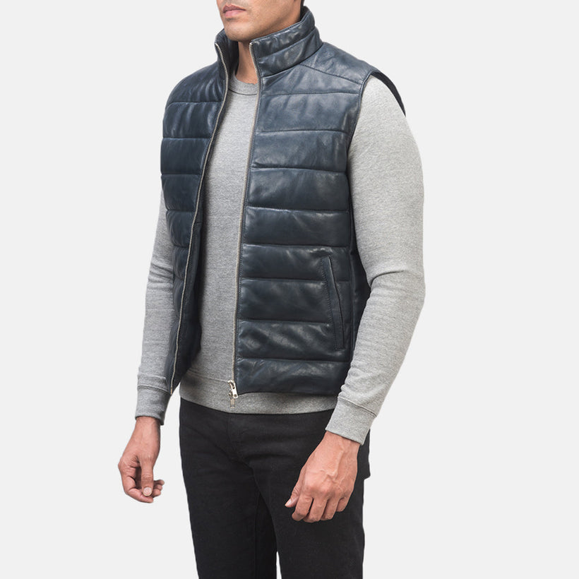 Reeves Niebieski Leather Pikowana kamizelka Męska