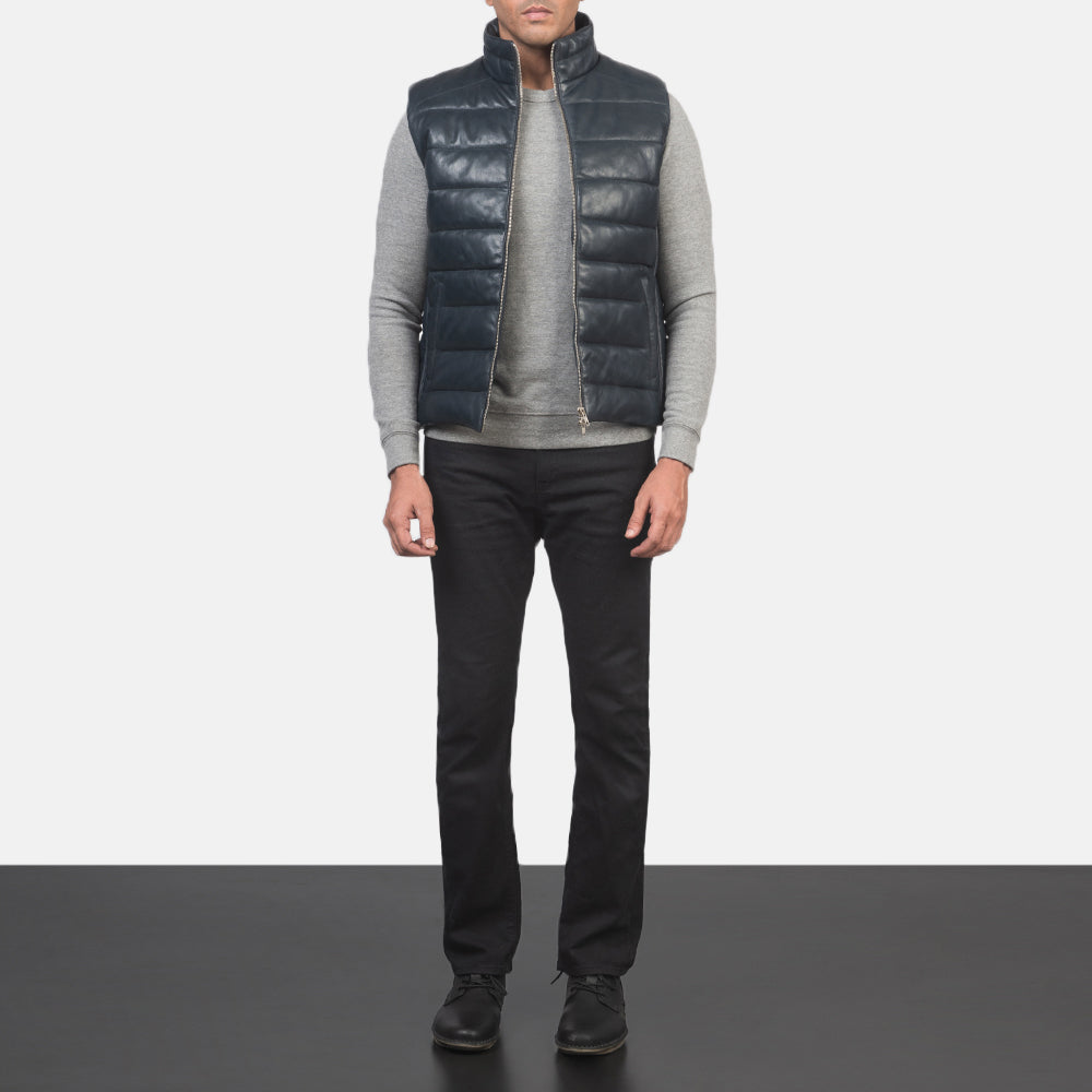 Men's Reeves Blue Leather Puffer Vest Męska - Lateral Side Profile View Showing Sleeve Cut &amp; Athletic Taper Fit