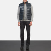 Men's Reeves Blue Leather Puffer Vest Męska - Lateral Side Profile View Showing Sleeve Cut &amp; Athletic Taper Fit