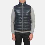Close-Up Detail of Classic Collar &amp; Zipper with Dual Puller Hardware on Men's Reeves Blue Leather Puffer Vest Męska