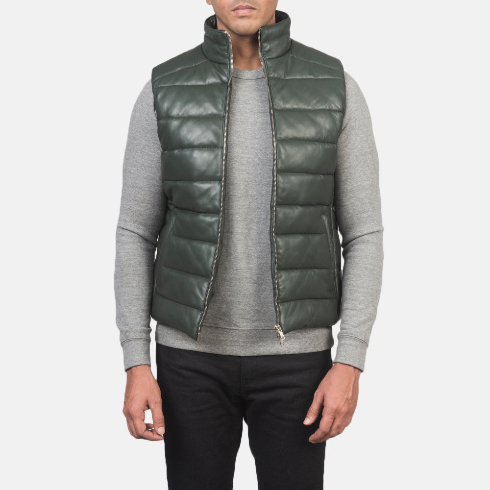Men's Reeves Green Leather Puffer Vest Męska in Green Sheepskin Leather - Front Profile View &amp; Tailored Silhouette | Buy Online