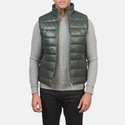 Men's Reeves Green Leather Puffer Vest Męska in Green Sheepskin Leather - Front Profile View &amp; Tailored Silhouette | Buy Online