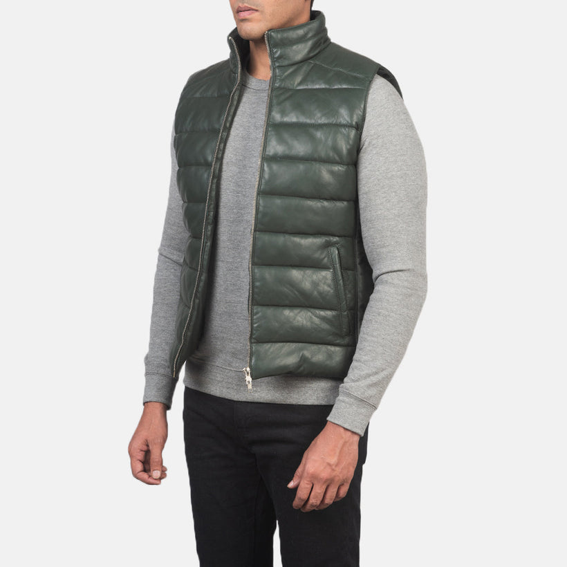 Reeves Oliwkowy Leather Pikowana kamizelka Męska