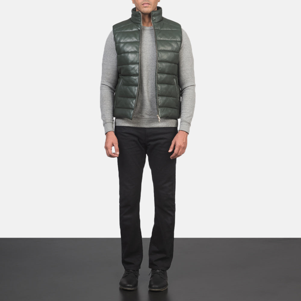 Men's Reeves Green Leather Puffer Vest Męska - Lateral Side Profile View Showing Sleeve Cut &amp; Athletic Taper Fit