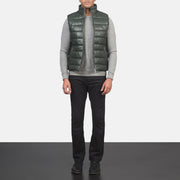 Men's Reeves Green Leather Puffer Vest Męska - Lateral Side Profile View Showing Sleeve Cut &amp; Athletic Taper Fit