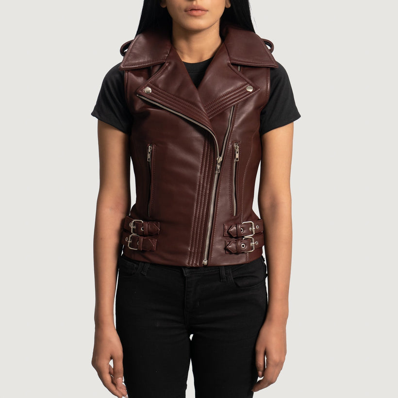 Rhonda Maroon Leather Biker Vest Damska