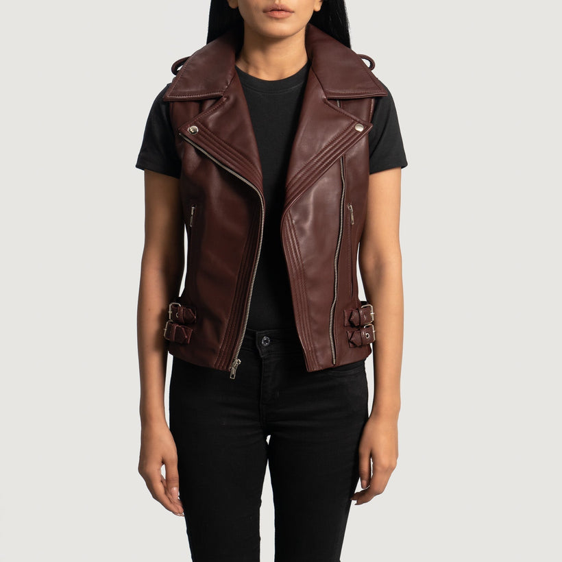 Rhonda Maroon Leather Biker Vest Damska