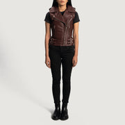 
Szczegółowe zbliżenie of Notch & Zipper Hardware on Rhonda Bordowy Leather Biker Vest Damska