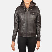 
Szczegółowe zbliżenie of High Neck with Belt & Zipper Hardware on Roslyn Brown Hooded Leather Bomber Jacket