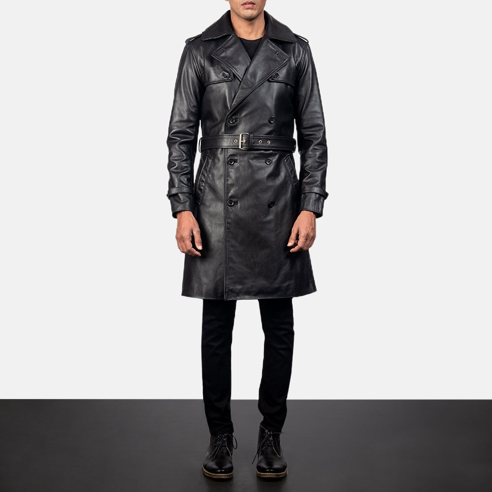 Men's Royson Czarna Leather Duster Skórzany Płaszcz Męska in Black Cowhide Leather - Front Profile View &amp; Tailored Silhouette | Buy Online