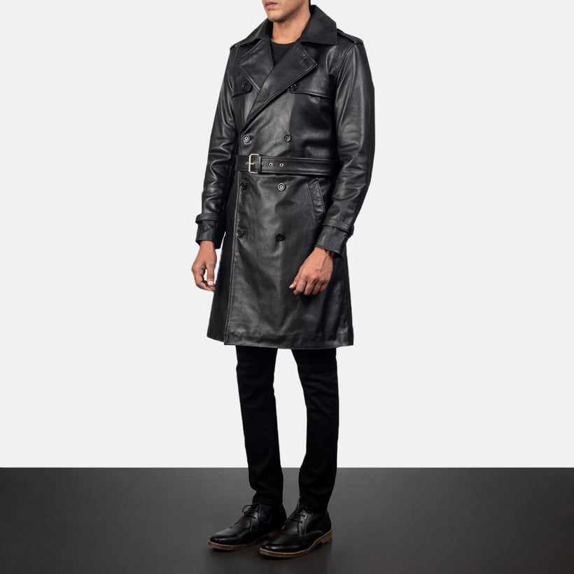 Royson Czarna Leather Duster Skórzany Płaszcz Męska