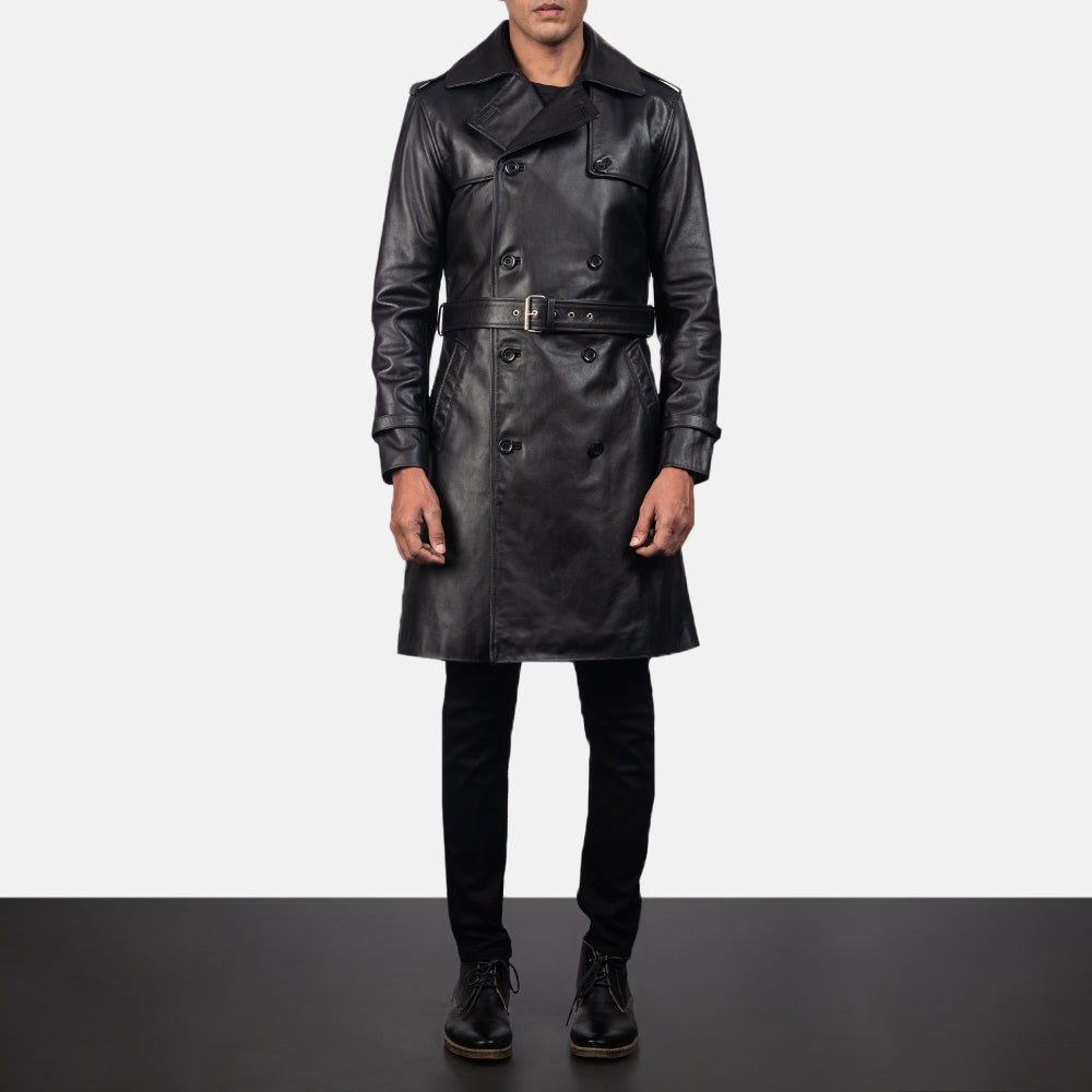 Close-Up Detail of Shirt &amp; Heavy-Duty Zipper Hardware on Men's Royson Czarna Leather Duster Skórzany Płaszcz Męska
