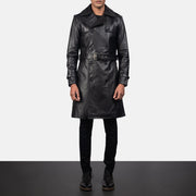 Close-Up Detail of Shirt &amp; Heavy-Duty Zipper Hardware on Men's Royson Czarna Leather Duster Skórzany Płaszcz Męska