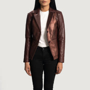 Women's Ruby Metallic Maroon Skórzana Marynarka Damska - Lateral Side Profile View Showing Sleeve Cut &amp; Athletic Taper Fit