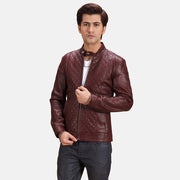 
Rumano Jae Bordowy Skórzana Ramoneska Męska in Maroon Sheepskin Leather - Widok z przodu i dopasowana sylwetka | Kup online w oficjalnym sklepie