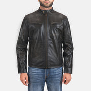 Rustic Black Leather Biker Jacket in Distressed Black Cowhide Leather - Front Profile View &amp; Tailored Silhouette | Buy Online
