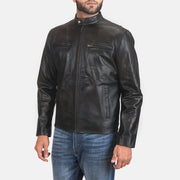 Distressed Black Cowhide Leather Biker Jacket - Back View Showing Tailored Shoulder Fit &amp; Clean Hemline