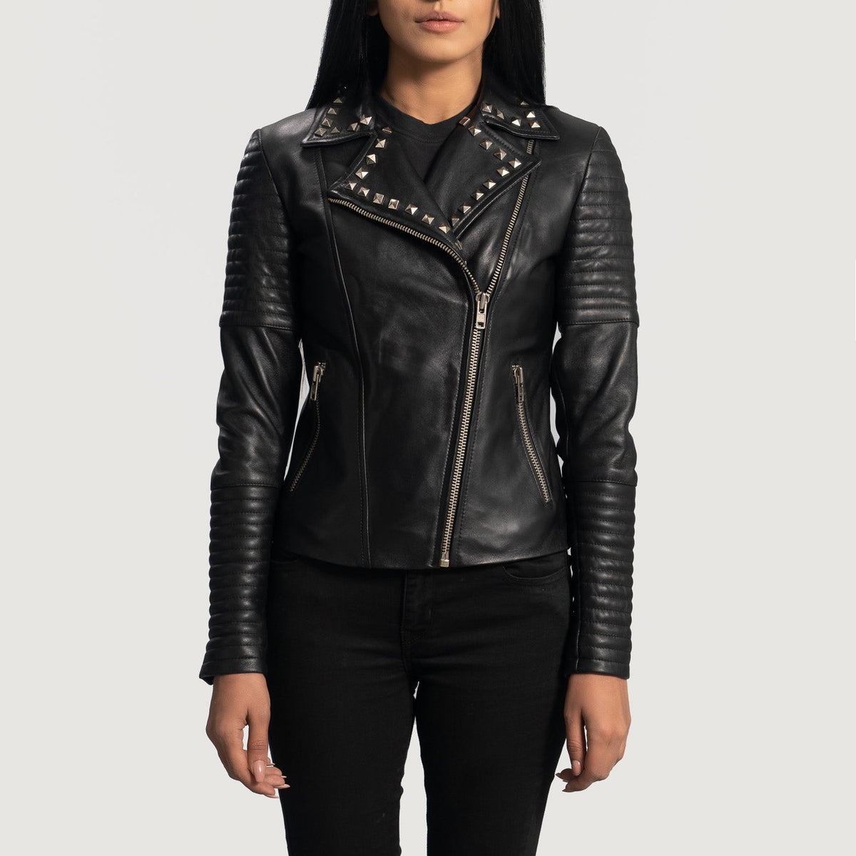 Women's Sally Mae Studded Czarna Skórzana Ramoneska Damska in Black Sheepskin Leather - Front Profile View &amp; Tailored Silhouette | Buy Online