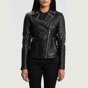 Women's Sally Mae Studded Czarna Skórzana Ramoneska Damska in Black Sheepskin Leather - Front Profile View &amp; Tailored Silhouette | Buy Online