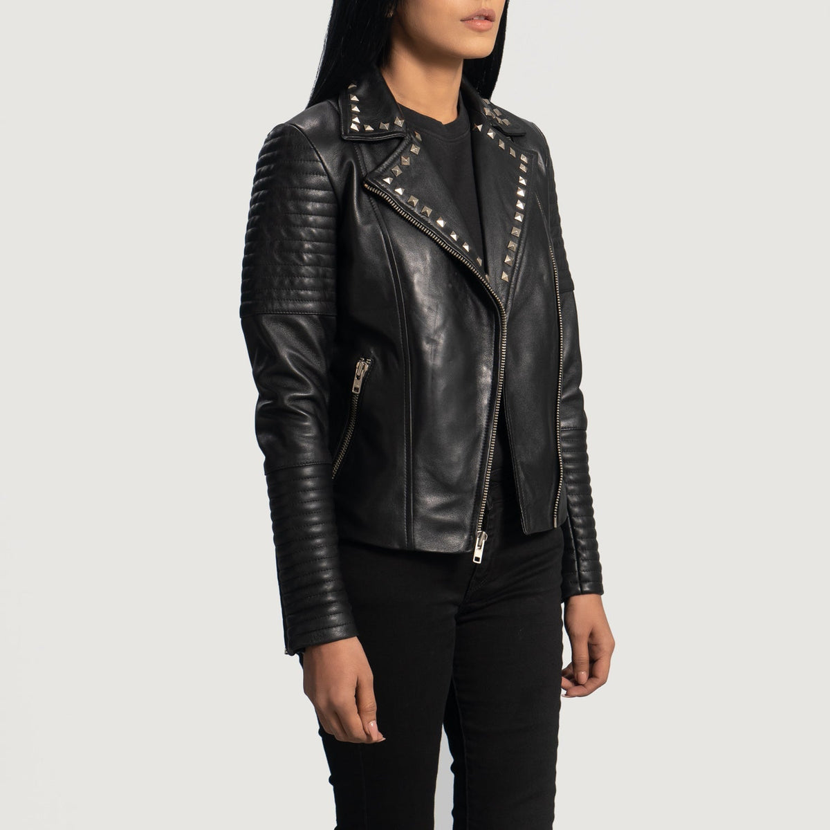 Black Sheepskin Leather Biker Jacket - Back View Showing Tailored Shoulder Fit &amp; Clean Hemline